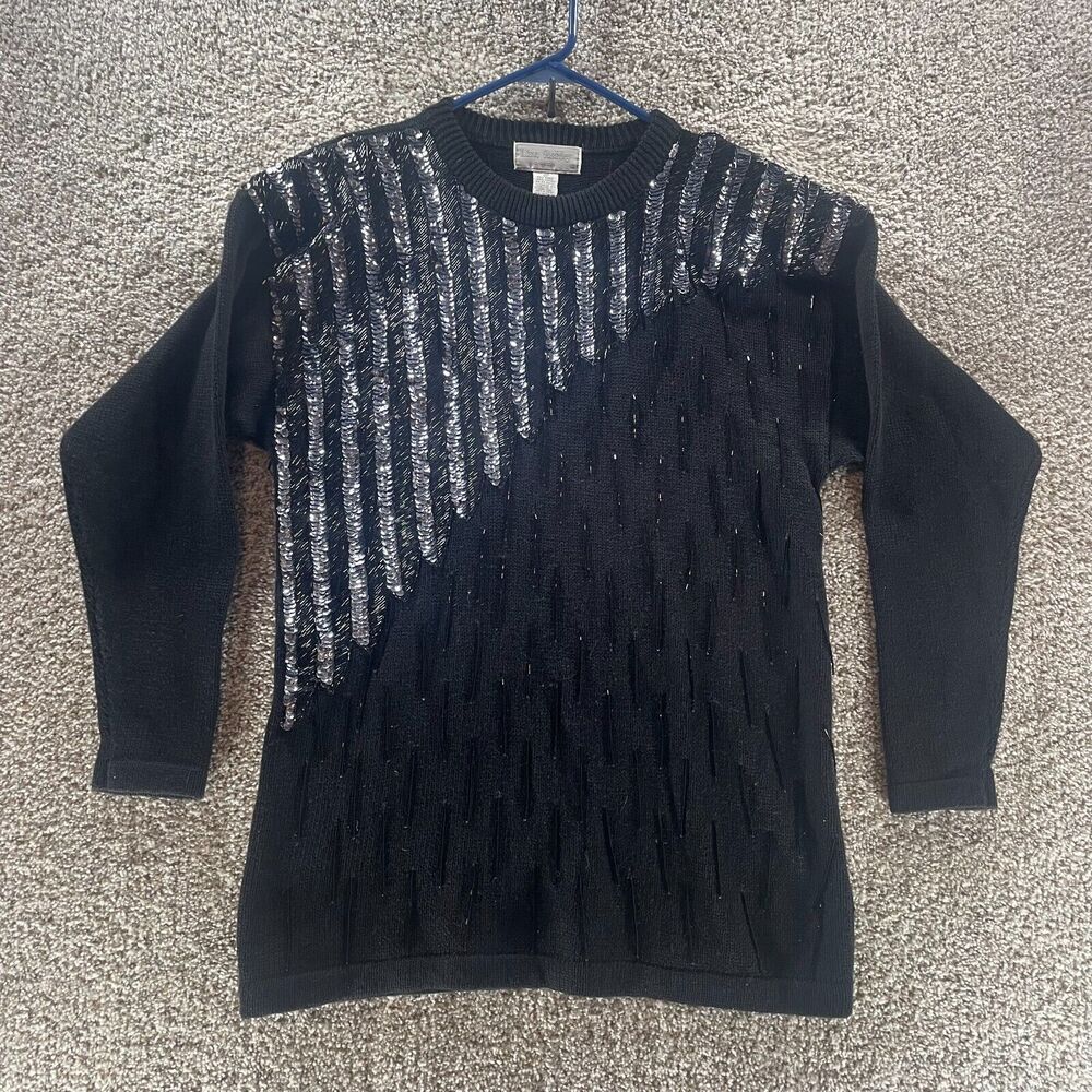 Vintage 80s Lisa‎ Ashley Sweater Womens Medium Sequin Beaded Tassels Pullover